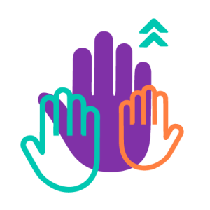An icon showing a teal hand, an orange hand and a purple hand 