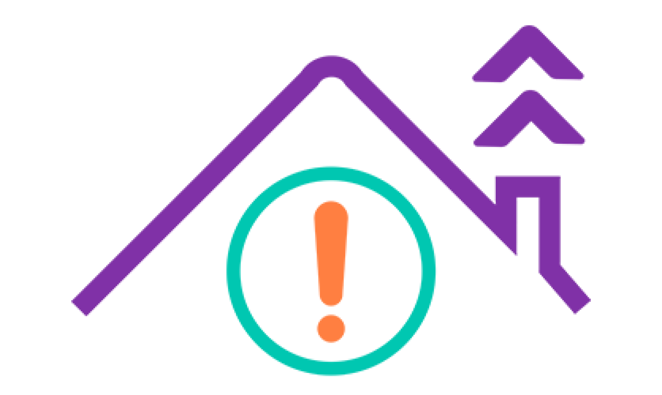 Purple house outline with exclamation mark circled underneath