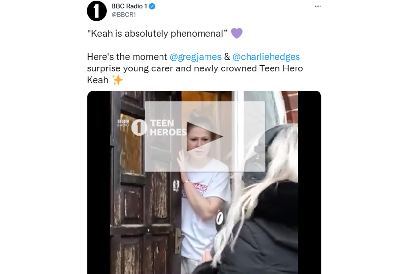 A screenshot from Twitter showing Keah being surprised at her front door by Charlie Hedges, a DJ on BBC Radio 1