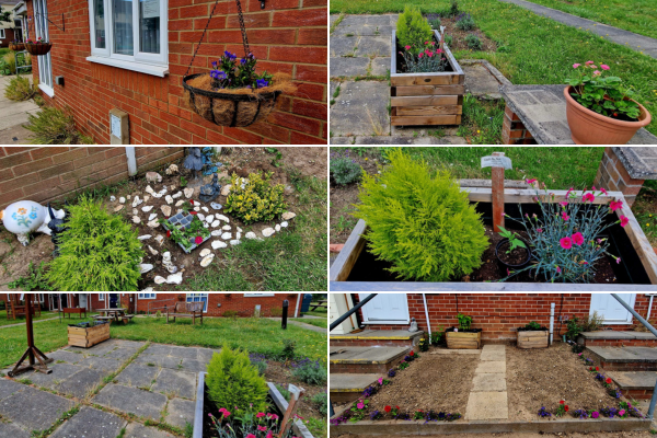 A 6 image collage of the garden at Chinook including beautiful bright flower beds, lush green grass and hanging baskets