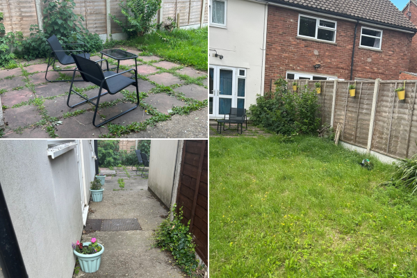 A 3 image collage of the gardens at Queen Elizabeth Way one of a new seating area, a lush green lawn and some yellow planters