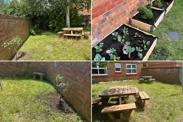 A 4 image collage of the gardens including 3 raised planters, lush green grass and 2 picnic benches 