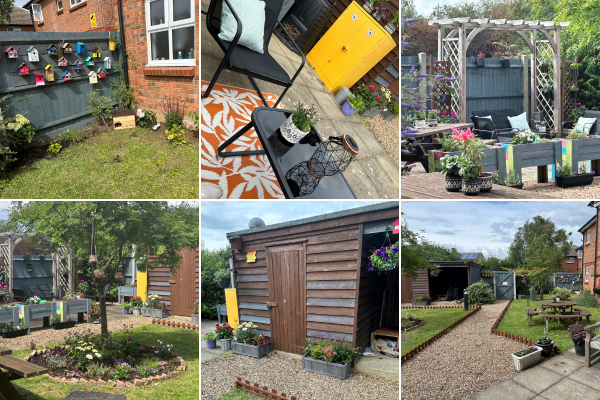 A 6 image collage showing the communal garden with brightly coloured bird houses, grey painted planters, gravel walk ways, lush green grass and garden benches