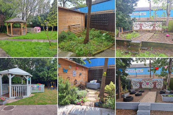 A 6 image collage of before and after photos of the garden at Fairfax Drive including a wooden gazebo, a flower bed and a raised vegetable patch 