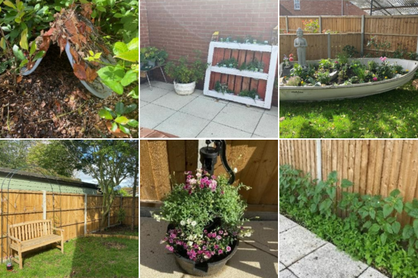 A 6 image collage showing Oak Lodge garden, with a bug hotel, freshly cut grass, an array of flowers in a boat used as a flower bed and freshly planted vegetables