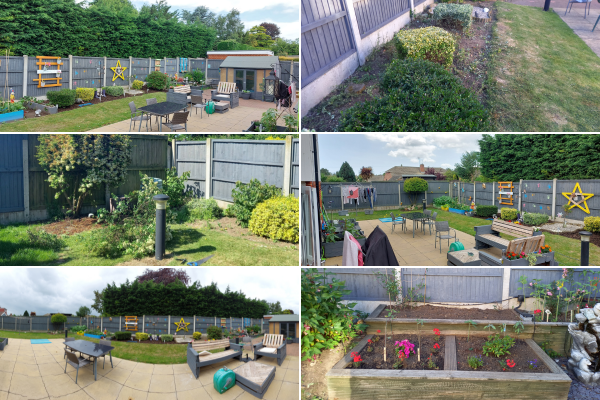 A 6 image collage of the garden at Ramsgate road. Neat and tidy with a boarder of plants and hedges infront of a beautifully painted grey fence with brightly coloured stars and other shapes along it. There are raised flower beds with pink and red flowers as well as some grey garden furniture on the patio in the middle of the garden