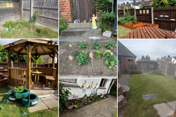 A 6 image collage of the garden at Ruth House with a manicured green lawn, freshly planted bright flowers and a sheltered wooden seating area
