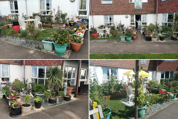 A 4 image collage of resident Faith's garden outside her apartment, filled with a different assortment of different coloured plant pots filled with beautiful flowers and quirky ornaments