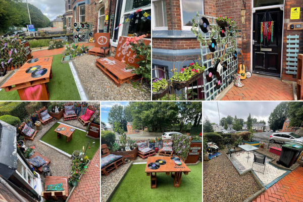 A 5 image collage of the front garden of Station Road, it is quirky with tables and chairs made out of wooden pallets, with peace signs and other paintings on them they also have vinyl records as decoration stuck to the table in the middle, along with astroturf, hanging decorations, and colourful bunting there are colourful cushions on the chairs for comfort