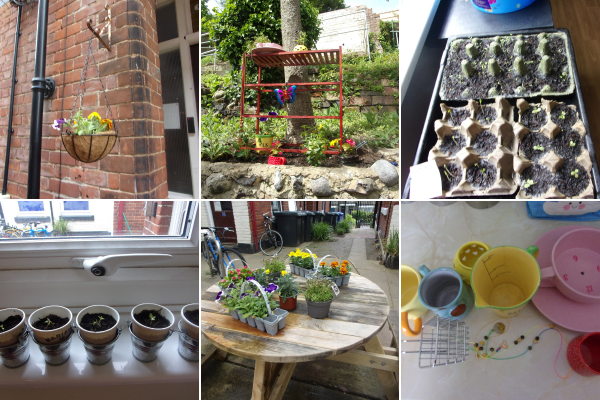 A 6 image collage showing a hanging basket with vibrant coloured flowers, shoots of plants beginning to show in numerous small plant pots, and images of coloured pots and ornaments amongst lush green grass