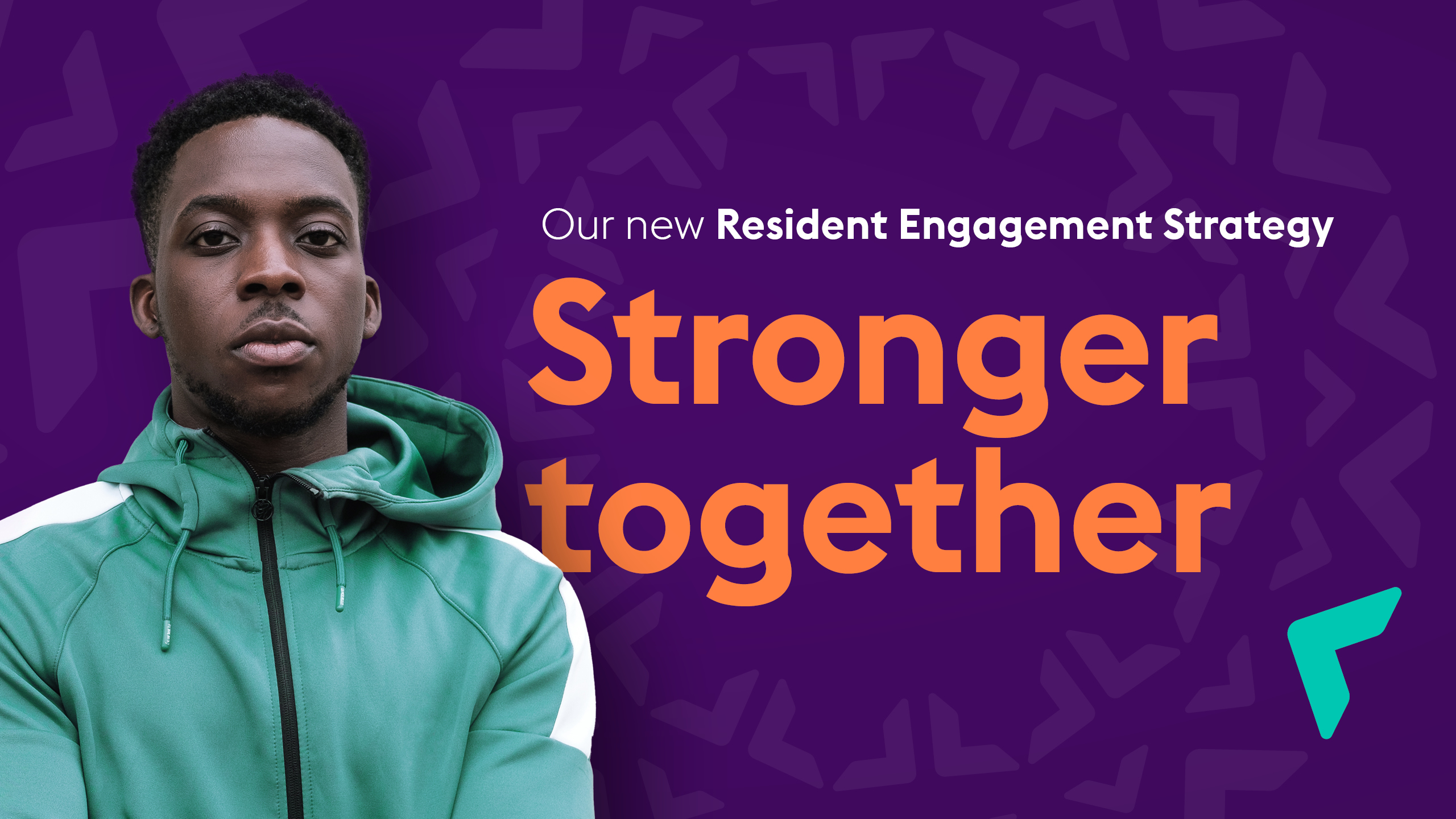 Promotional image featuring a young person in a green hoodie on a purple patterned background, with the headline “Our new Resident Engagement Strategy” and the message “Stronger together”.