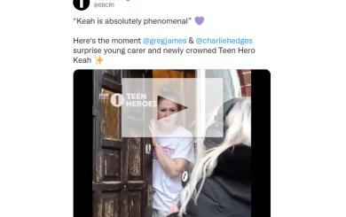 A screenshot from Twitter showing Keah being surprised at her front door by Charlie Hedges, a DJ on BBC Radio 1