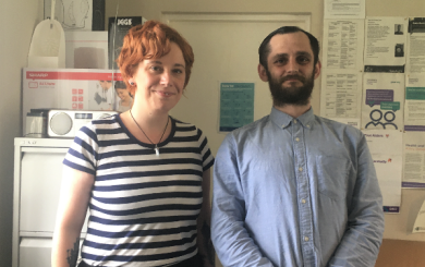 Staff member Kae with resident Karl