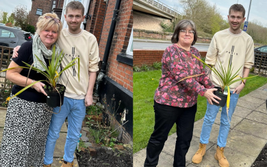 Two photos side by side, both showing a female being handed a plant by a male as a gift