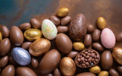 Collection of chocolate easter eggs on a brown and blue background