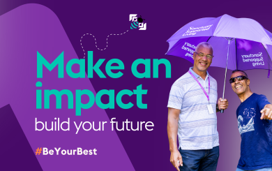"Make an impact, build your future. Adult social care - the purpose behind what we do" writing on a purple decorative visual with 2 men smiling, standing under a purple branded umbrella