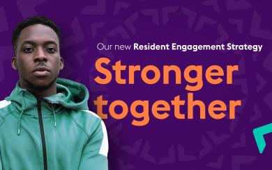 Promotional image featuring a young person in a green hoodie on a purple patterned background, with the headline “Our new Resident Engagement Strategy” and the message “Stronger together”.