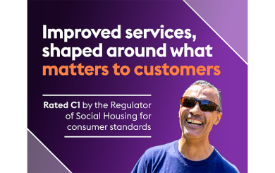 Purple banner with Improved services shaped around what matters to customers, noting C1 consumer standards rating from social housing regulator.