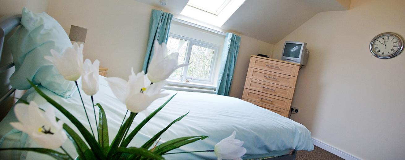 Comfortable, luminous, white and blue single-bed room, with homely furniture.