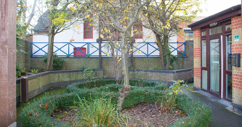 Ringed shrubbery framing a central tree, and an oval wall framing the shrubbery.