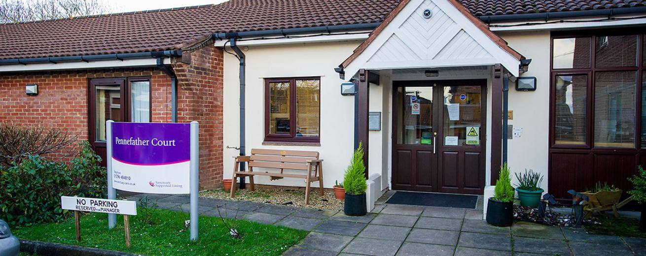 Single storey rendered, and brick built residential care home, Pennefather Court. The setback entryway has an enticing feel with the ageless brown and white décor.