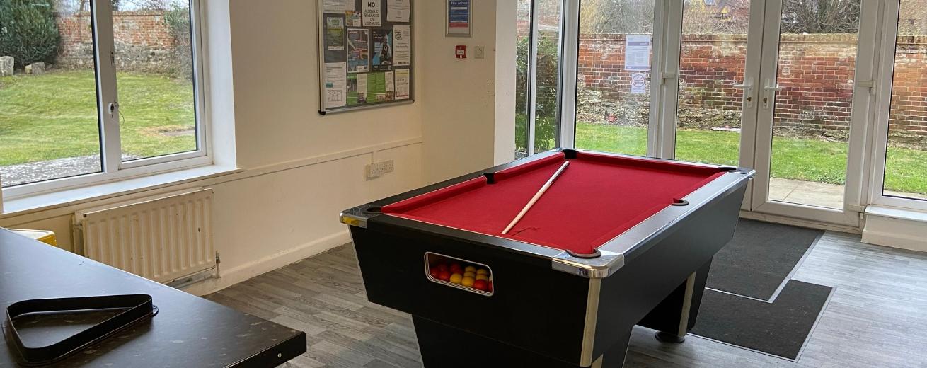 Central burnt wood colour pool table with silver accessories and red fabric table in a clean and spacious room with patio doors looking out onto a large grassed outdoor area.