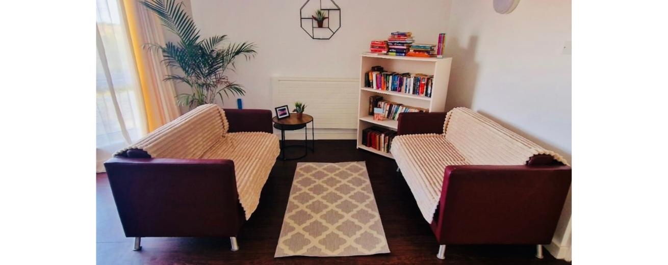 A cozy living room featuring two brown sofas with light-colored throws, positioned facing each other. In the center, there is a small round table with a plant on it. A bookshelf filled with books stands against the wall, and a large window allows natural light to fill the space. A patterned rug lies on the floor, and a blue bean bag is visible in the corner.