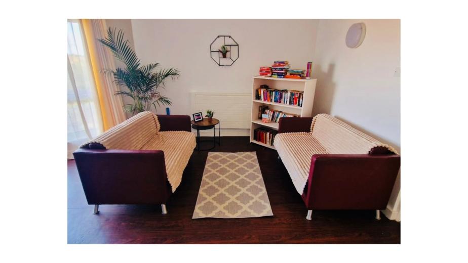 A cozy living room featuring two brown sofas with light-colored throws, positioned facing each other. In the center, there is a small round table with a plant on it. A bookshelf filled with books stands against the wall, and a large window allows natural light to fill the space. A patterned rug lies on the floor, and a blue bean bag is visible in the corner.