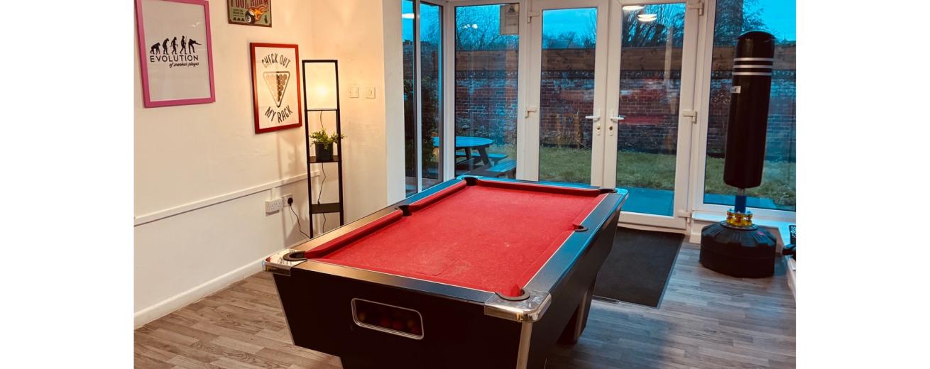 A well-lit game room featuring a red-felt pool table in the center. To the left, there is a framed poster on the wall with the word "Evolution" and a small plant in a pot. Large glass doors lead to a grassy outdoor area, and a punching bag is visible in the corner. The flooring is light wood, and the overall atmosphere is inviting and recreational.
