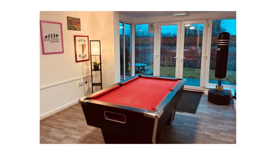 A well-lit game room featuring a red-felt pool table in the center. To the left, there is a framed poster on the wall with the word "Evolution" and a small plant in a pot. Large glass doors lead to a grassy outdoor area, and a punching bag is visible in the corner. The flooring is light wood, and the overall atmosphere is inviting and recreational.