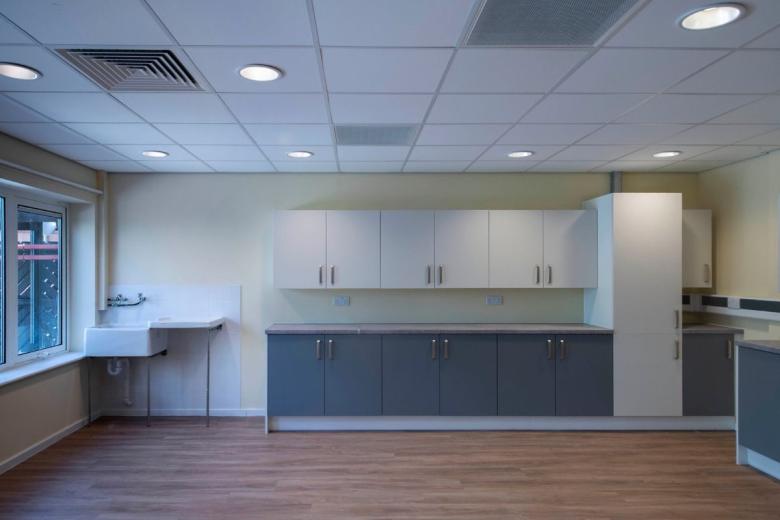 A small, brightly lit room features a utility area with a white porcelain sink and countertop. Above the counter are three rows of cabinets: two rows of white cabinets and one row of grey cabinets. The walls are a pale yellow-green color, and the floor is made of wood-look vinyl. Ceiling lights are visible, and a ventilation grille is mounted on the ceiling.