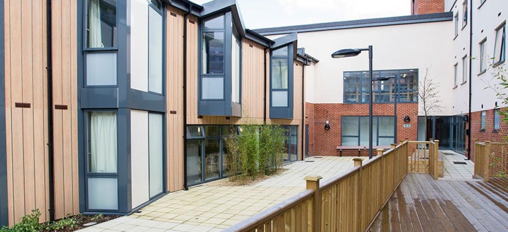 Exterior photo showing the front of Defoe Court