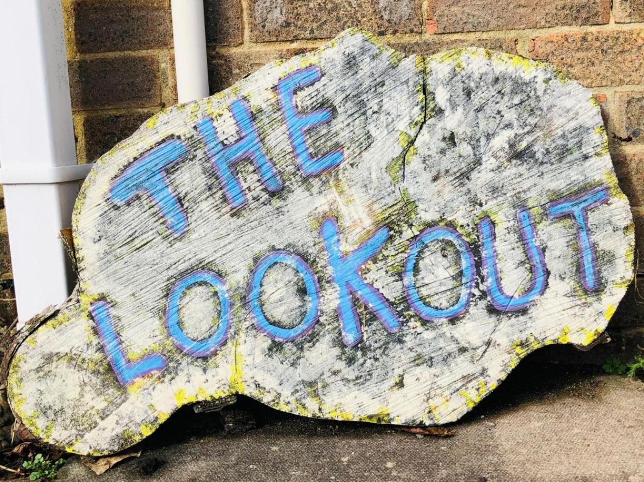 A log sign reads "The Lookout" in blue paint