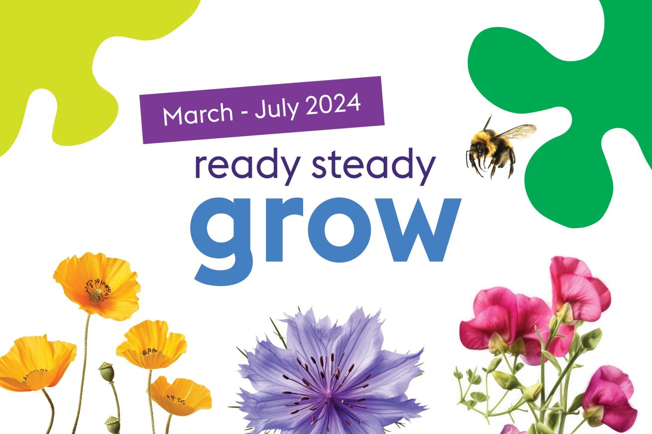 A close-up of flowers surrounds the text "March to July 2024 Ready Steady Grow"