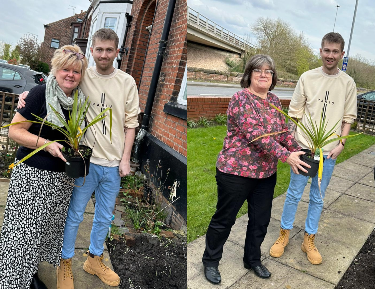 Two photos side by side, both showing a female being handed a plant by a male as a gift