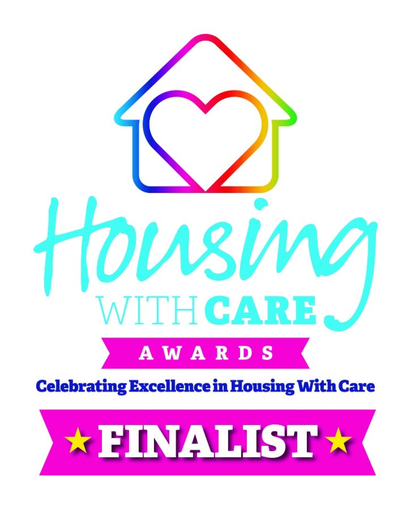 Colourful Housing with Care Awards finalist badge, featuring a house outline with a heart in gradient hues