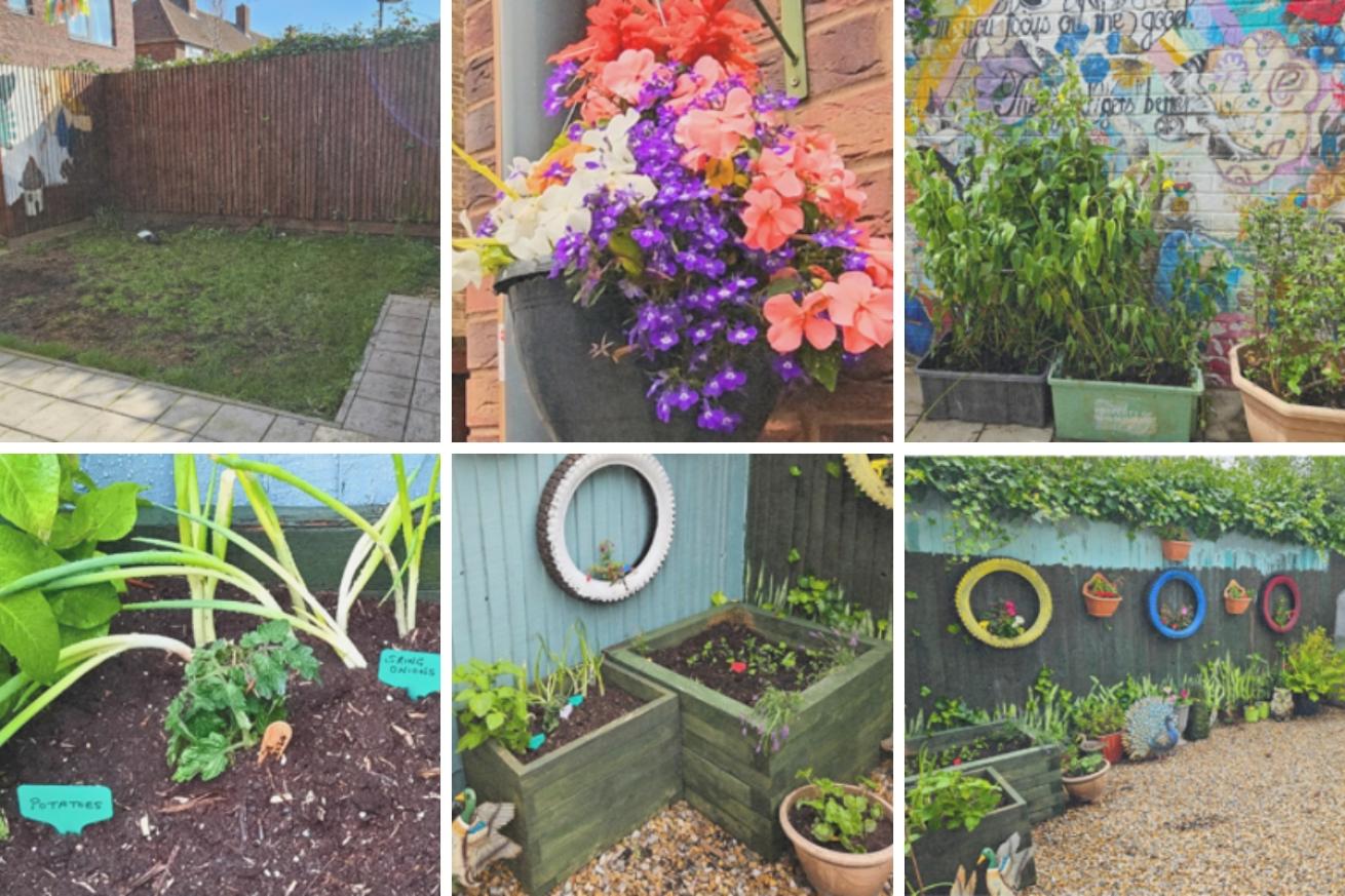 A collage of 6 images showing the transformation of a garden including colourful flowers and funky ornaments