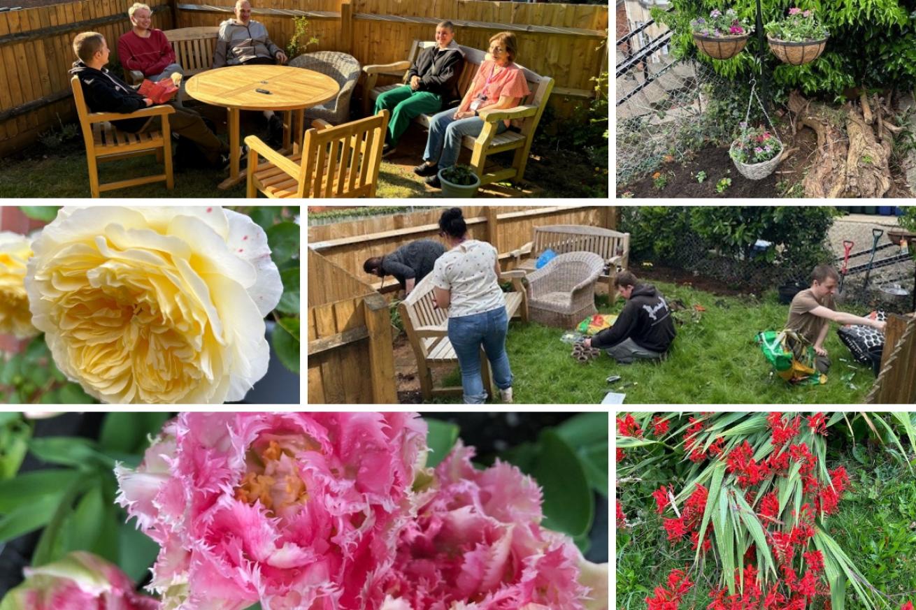 A collage of 6 images showing residents working hard to create a beautiful garden and some close ups of colourful flowers