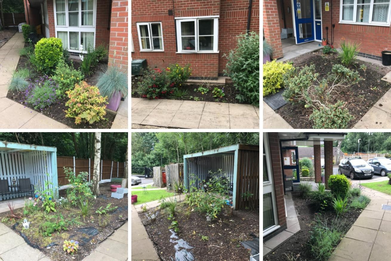 A collage of 6 images showing the improvement of gardens outside Eastgate