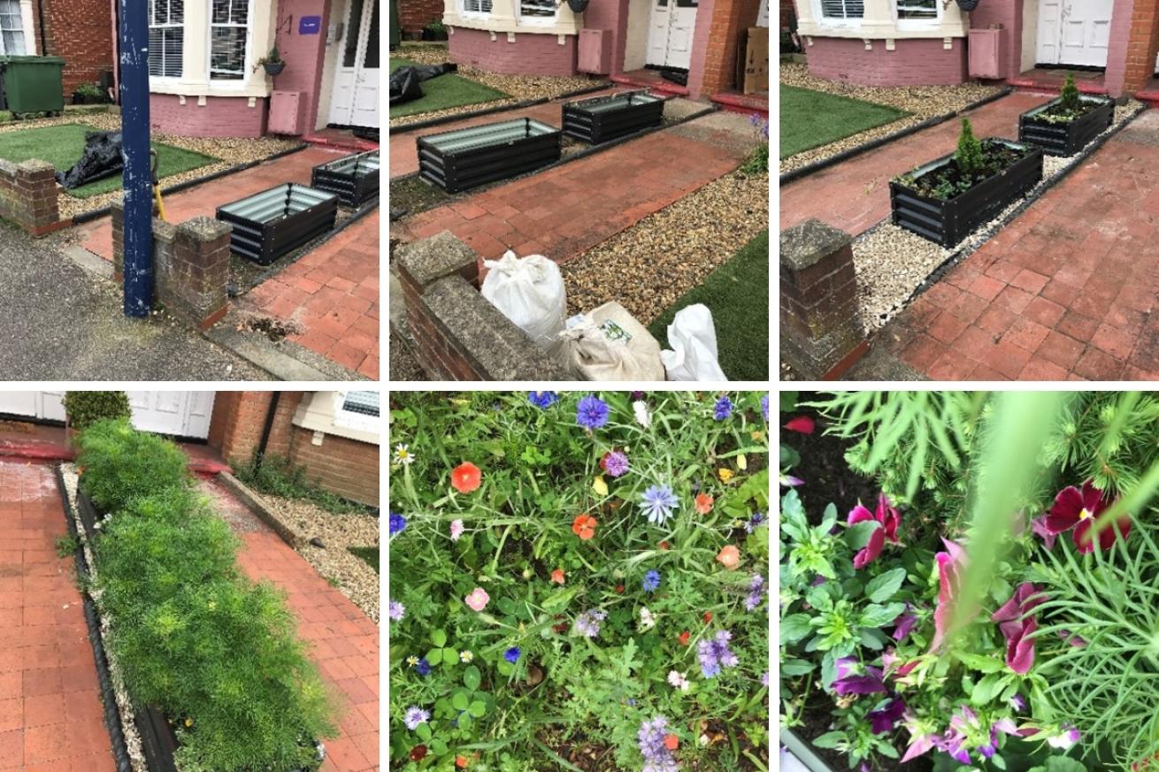 A collage of 6 images with flowers in plant pots and flower beds