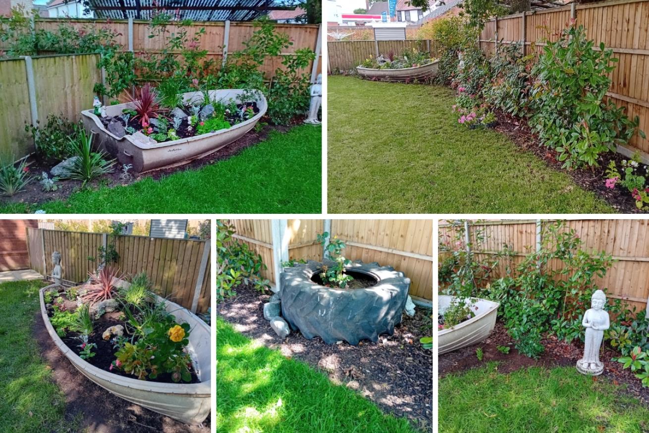 Collage of 5 images showing the gardens of Oak Lodge including a flower bed in a boat
