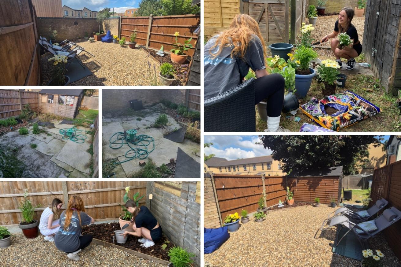 A collage of 6 images of the garden in Southend Young People service 