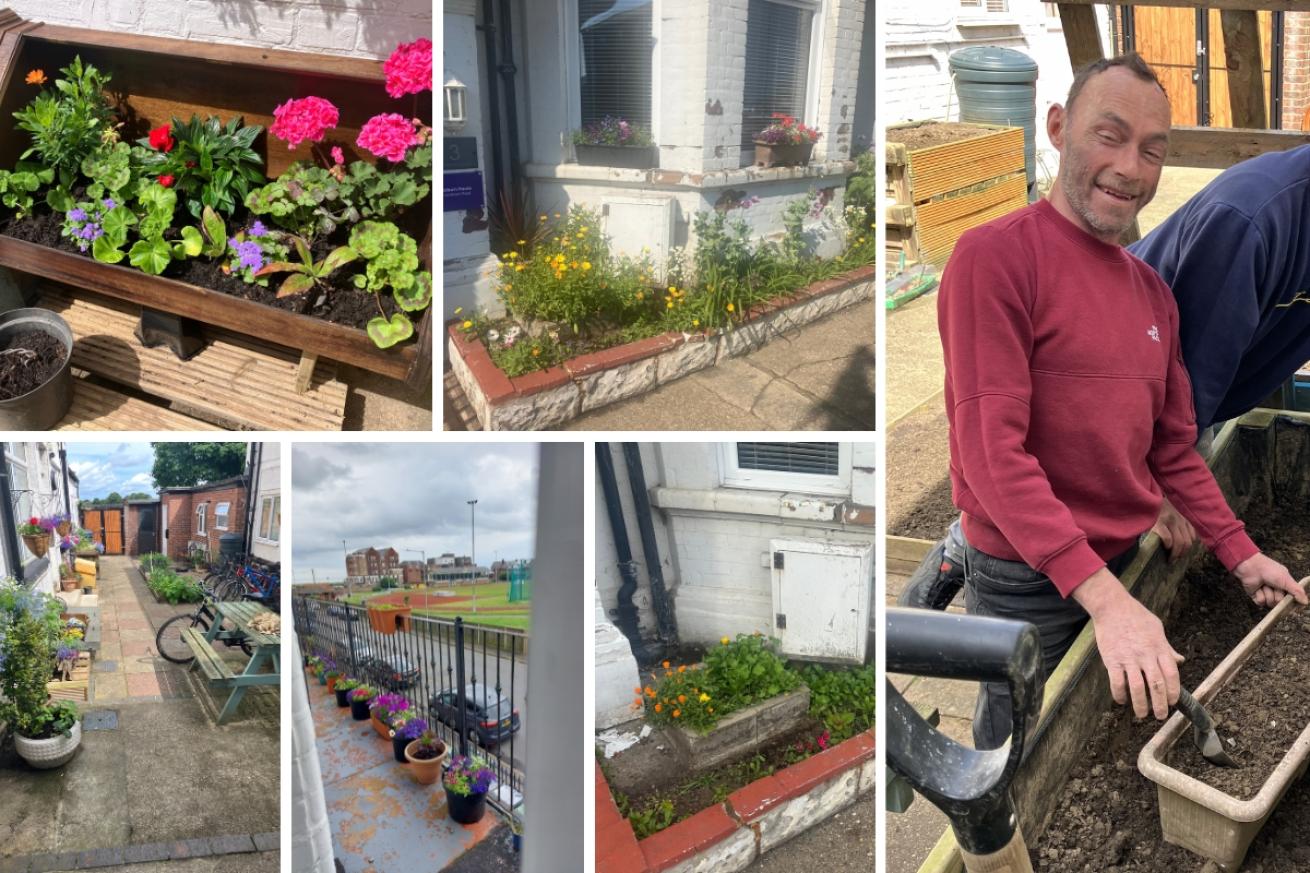 A collage of 3 images with beautiful flowers on a terrace and in flower beds with one image of a man planting seeds