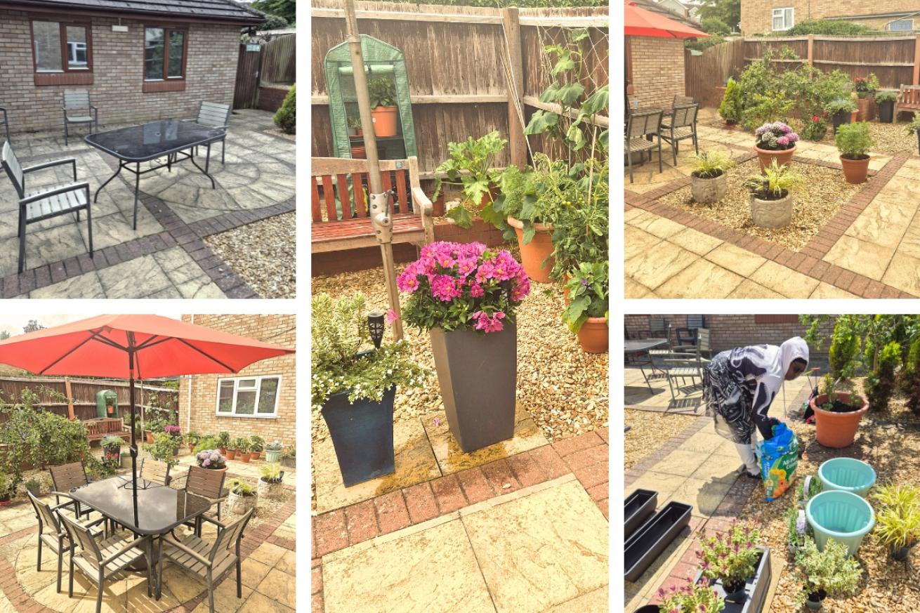 A collage of Bromfield House garden, they have transformed their patio area with bright potted plants, there is a picture featuring a resident helping with planting