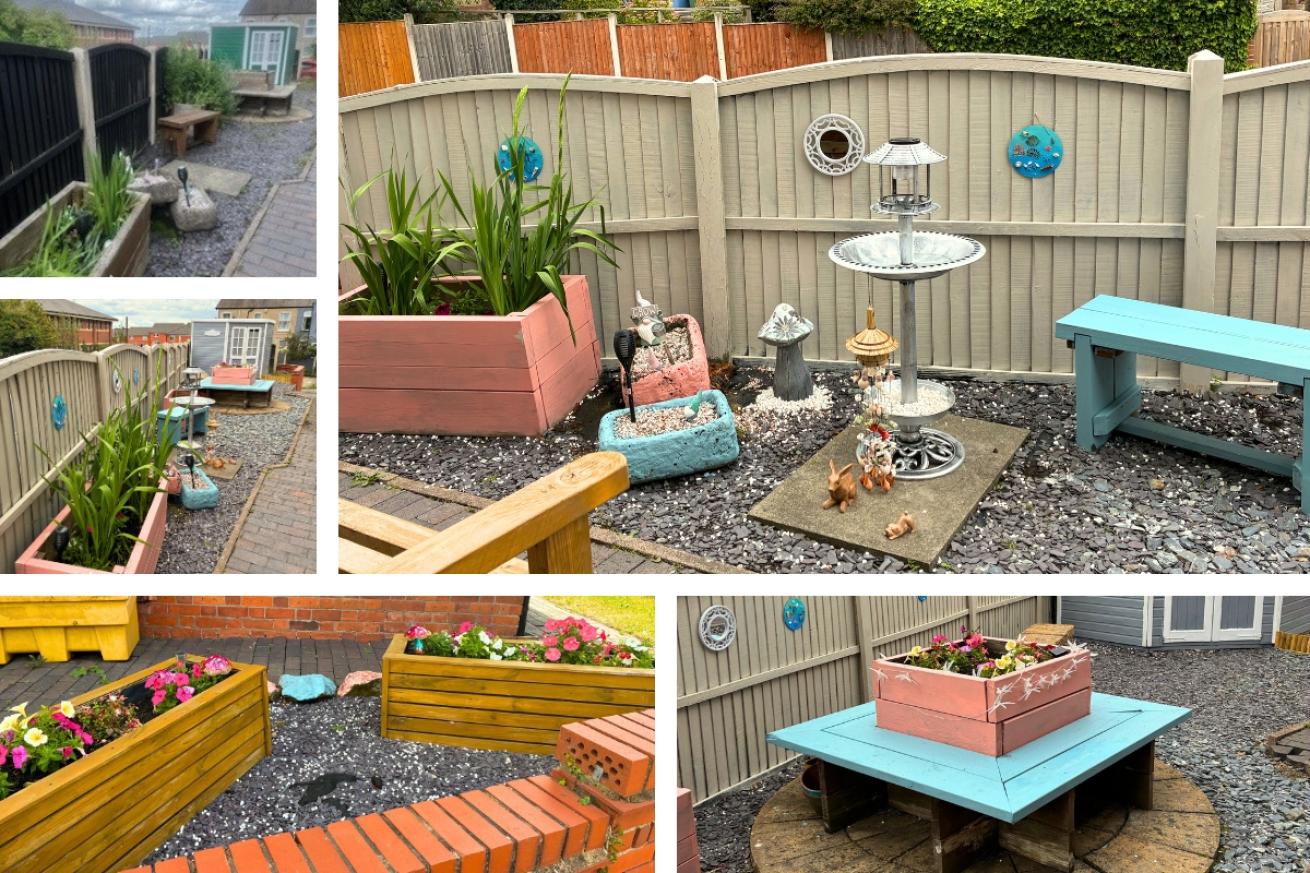 A collage of Corner House garden, they have repainted their benches and shed lovely shades of blue, they have repainted their planter a soft red hue and added a shining metal bird feeder surrounded by bronze animal ornaments. They have also added two large wooden planters full of bright flowers.