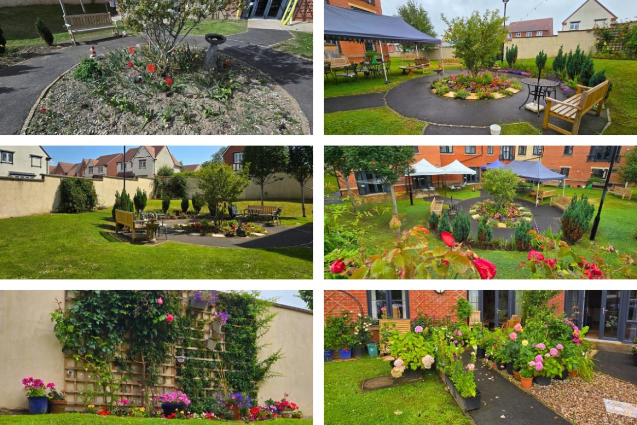 A collage of Moreton Court garden showing a tree in a circular flower bed, that was previously dry and dead, has been revitalised and transformed into a lush bed of flowers. They also showcase their bright planters and lattices full of lush plants.