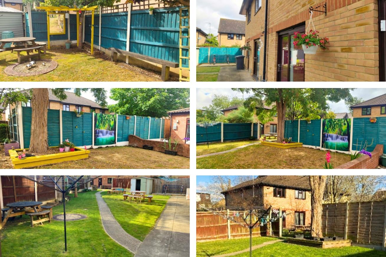 A collage of Nickelby Road garden showing their lawn are with picnic tables and painted yellow planters and lattices. They also have a few potted plants, a mirror and a decorative tapestry