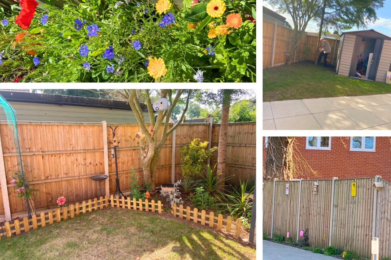 A collage of Oak Lodge's wildlife garden, they show pictures of the their wildflower bed, their bug and bird houses and a resident helping dig out the flower bed