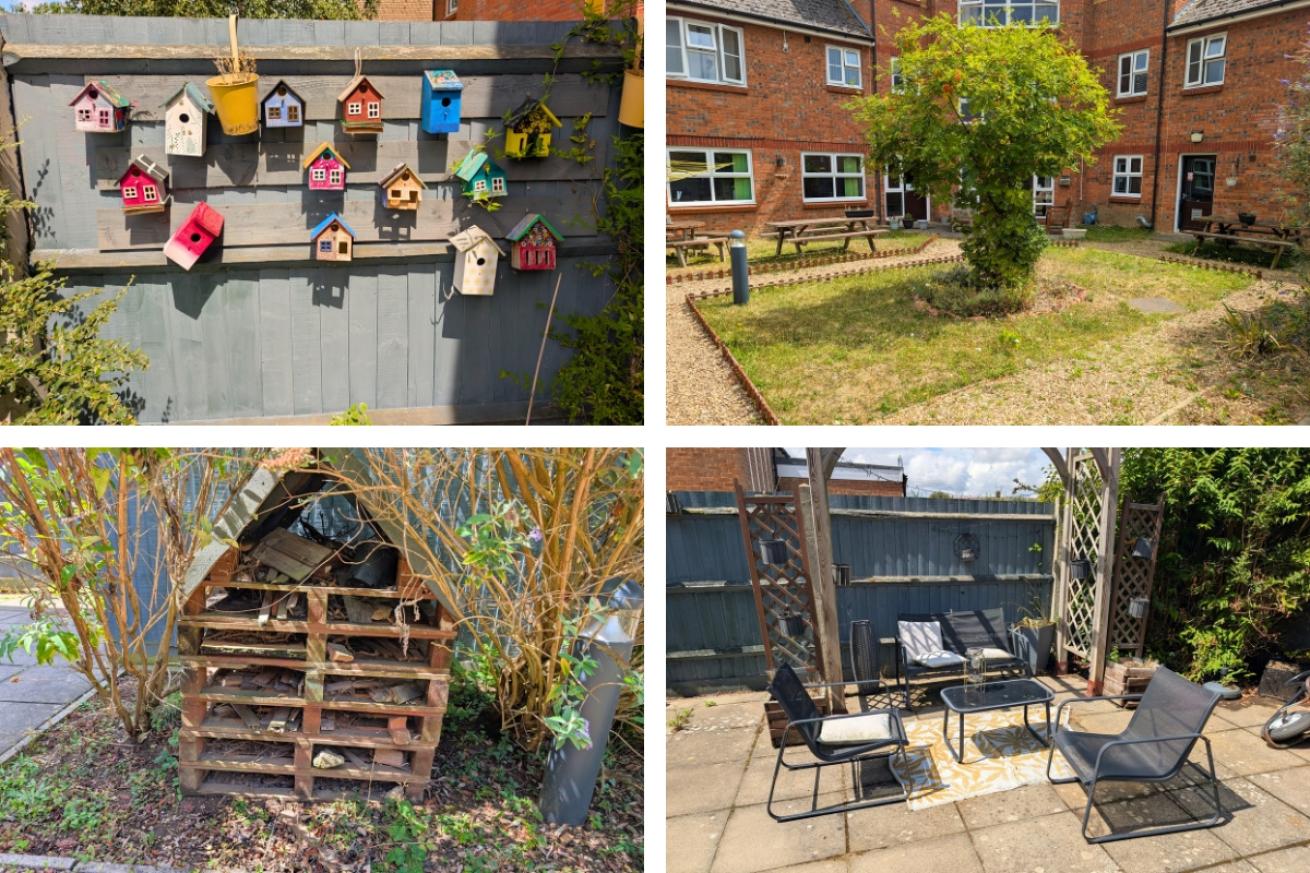 A collage of Queen Elizabeth Way garden areas showing their bug hotel, hand painted bird houses, communal seating area and a lush tree surrounded by picnic benches