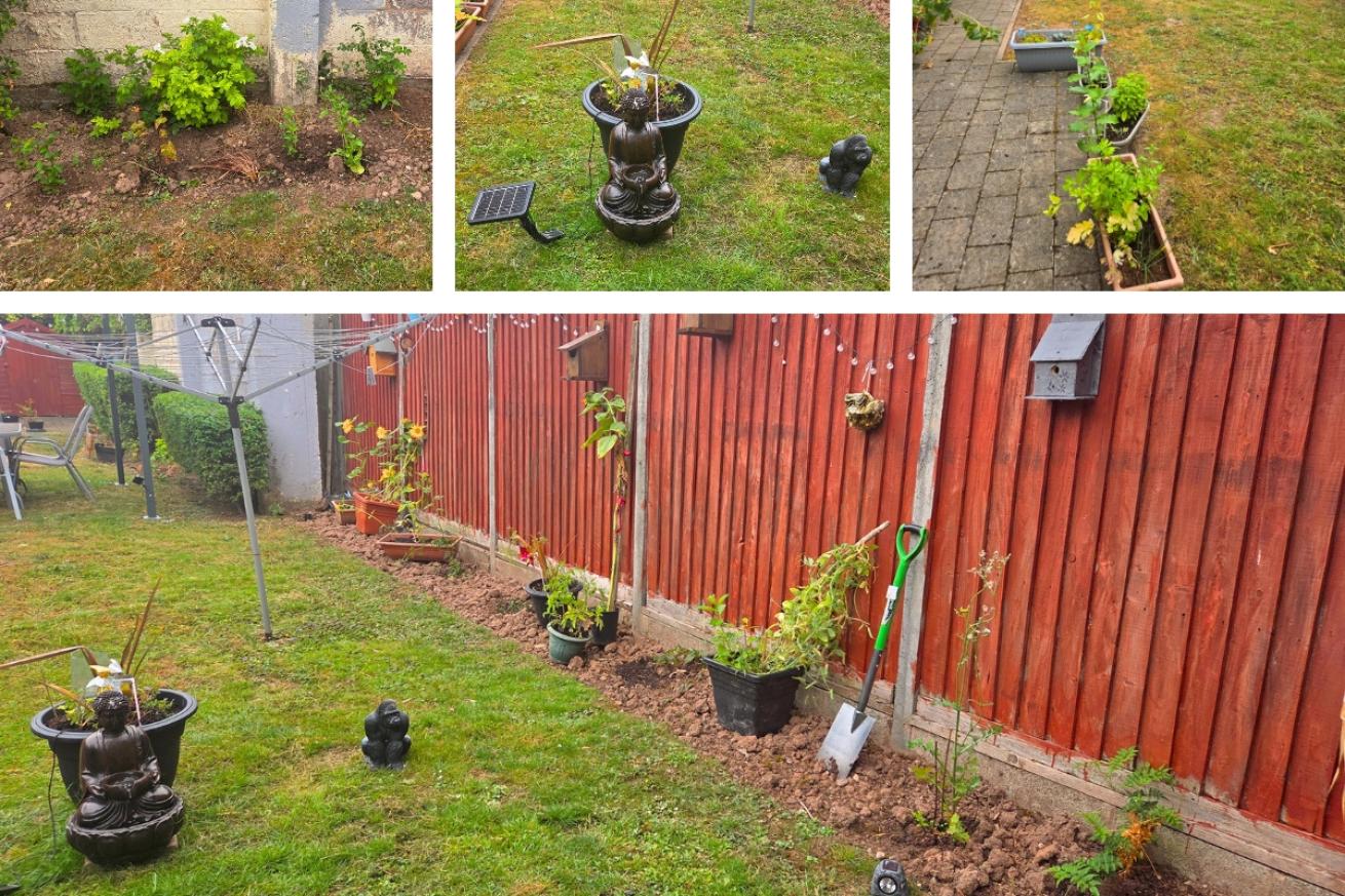 A collage of Redcoat Close garden they show their newly potted plants and a small solar powered fountain